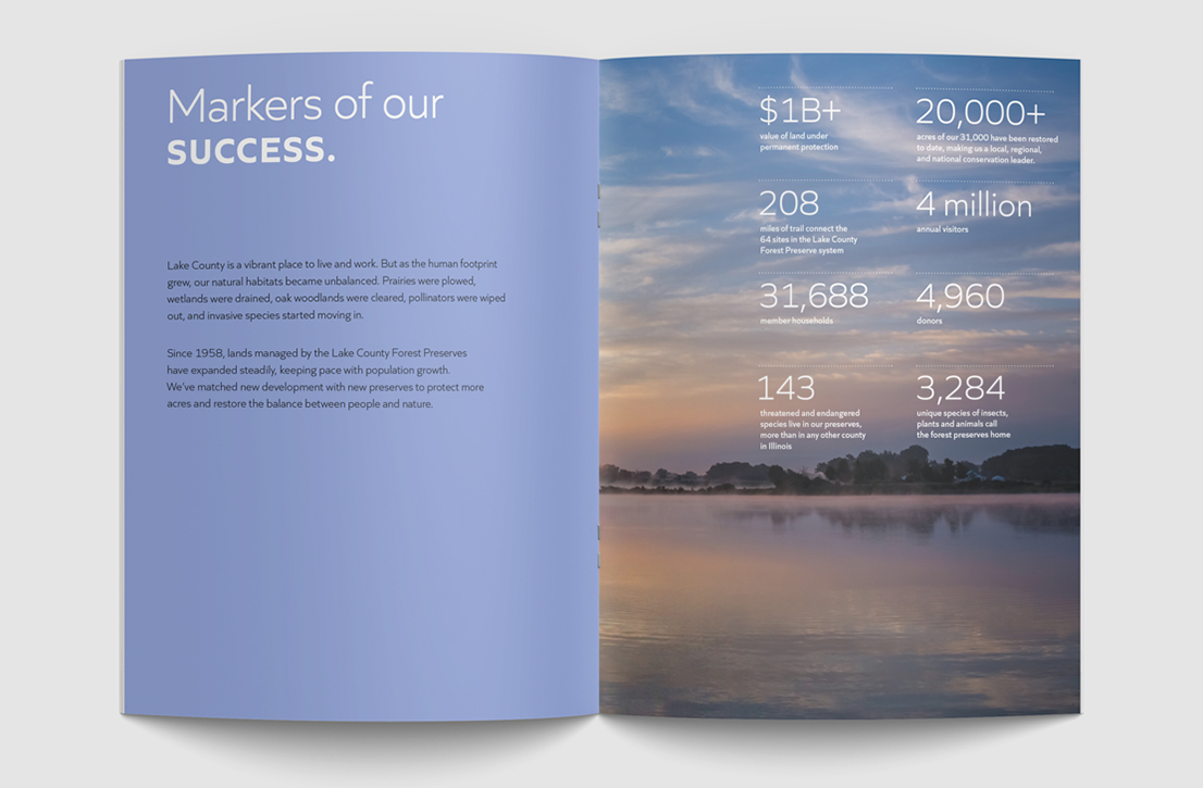 Stauber Brand Studio portfolio images of client work for Lake County Forest Preserves, Preservation Foundation community campaign