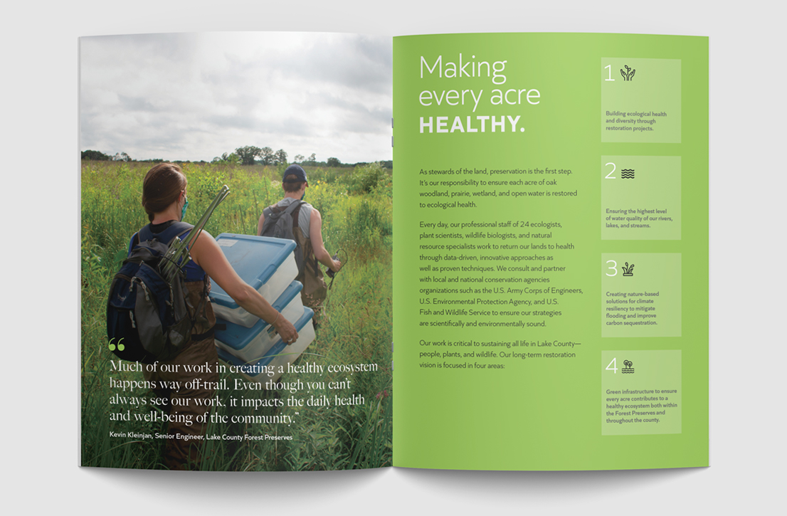 Stauber Brand Studio portfolio images of client work for Lake County Forest Preserves, Preservation Foundation community campaign