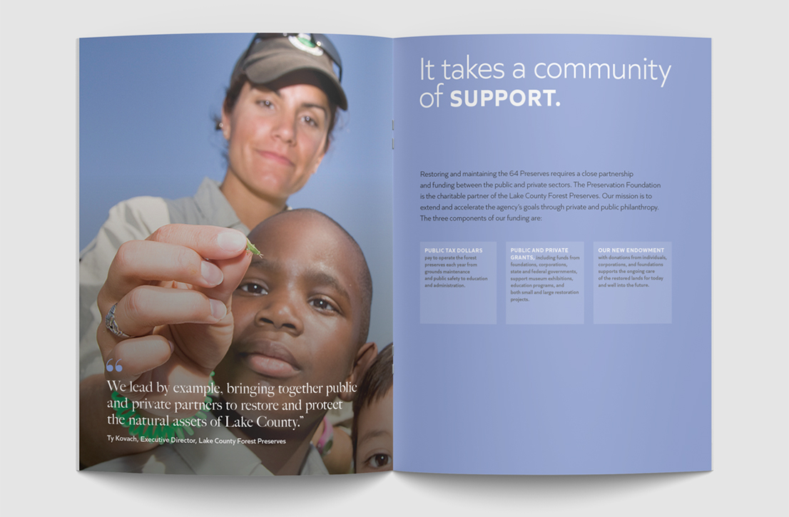 Stauber Brand Studio portfolio images of client work for Lake County Forest Preserves, Preservation Foundation community campaign