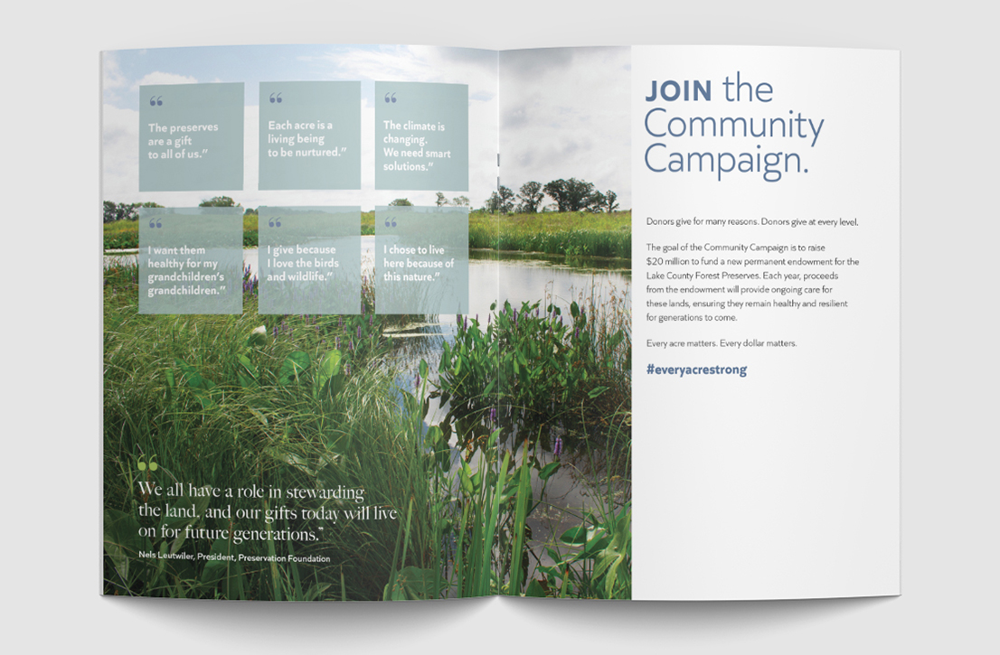Stauber Brand Studio portfolio images of client work for Lake County Forest Preserves, Preservation Foundation community campaign
